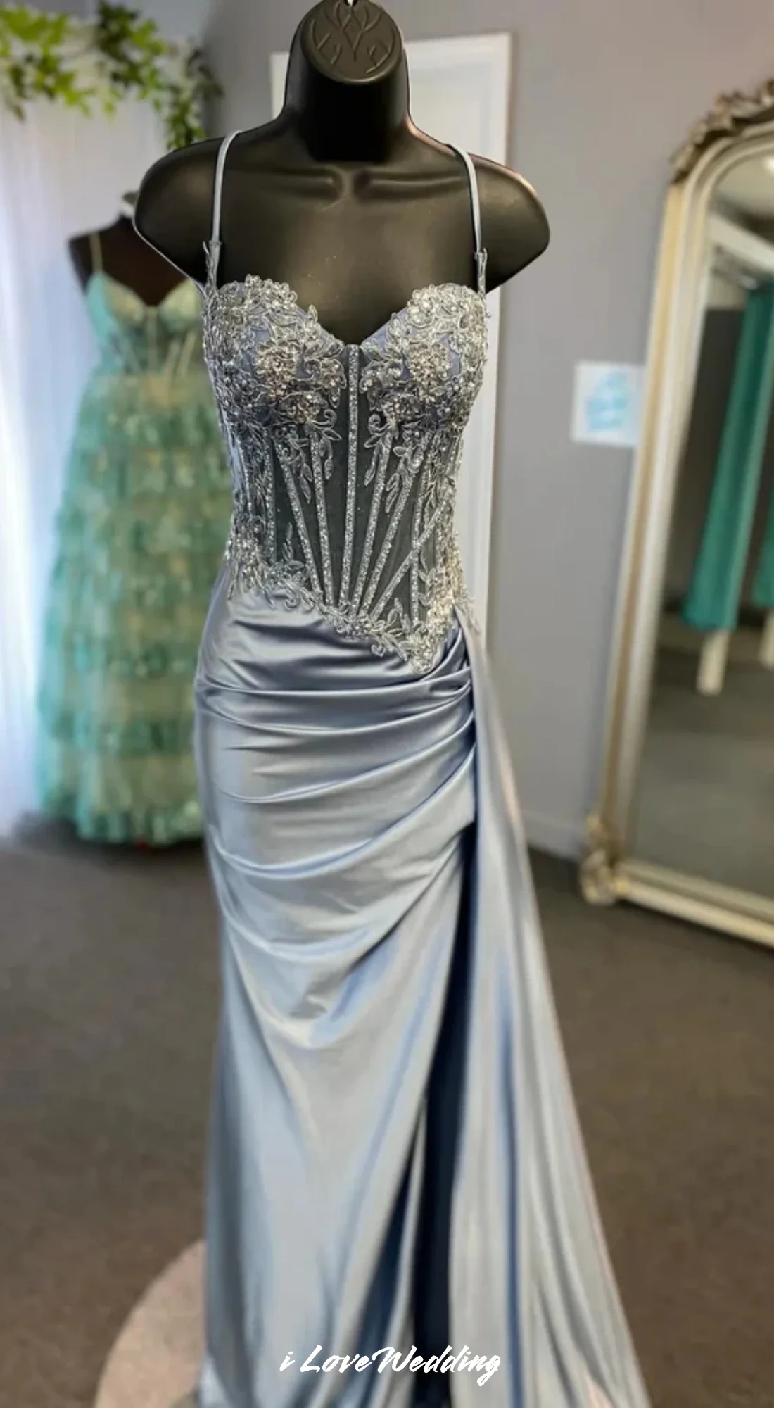 Srebrna syrenka sukienka na studniówkę Spaghetti pasek wysokie rozcięcie suknia wieczorowa Sweetheart obcisła satynowa seksowna sukienka wizytowa gorset dostosowany