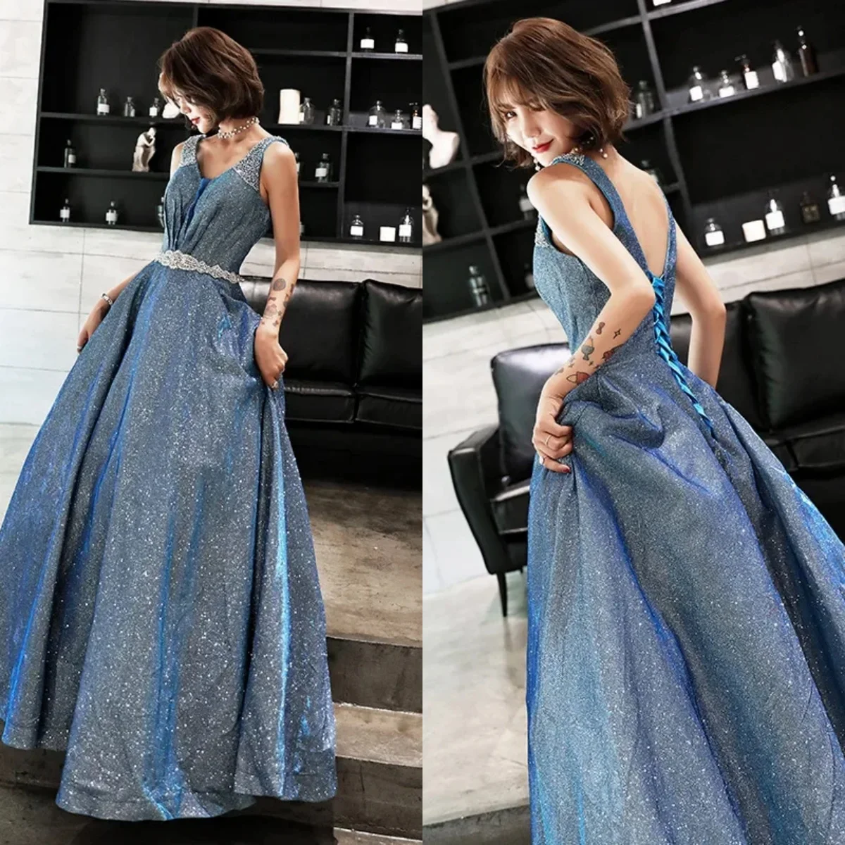 Evening Dresses Blue Shining Beads Crystal V-neck Sleeveless A-line Lace Up Floor Length Plus size Women Party Formal Gowns E072