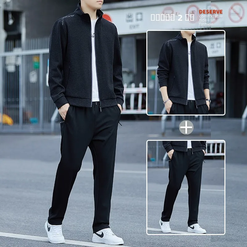 

Повседневный спортивный костюм для мужчин, весна-осень 2024, новый вязаный свитшот с длинными рукавами и брюки 7/8, комплект для бега, две части