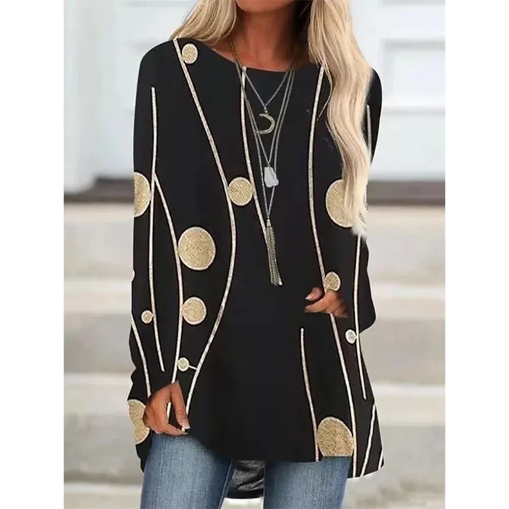 Winter Long Sleeve T-Shirt Fashion Women\'S Clothing Round Neck Long Sleeve T-Shirt Trend Printed Top Autumn Loose T-Shirt