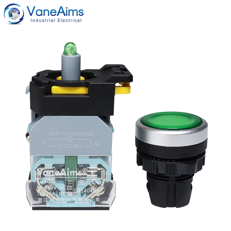 VaneAims 22MM FXB38 interruptor de botón de luz LED de plástico 10A 12V 220V interruptor de encendido/apagado de enganche momentáneo con contacto