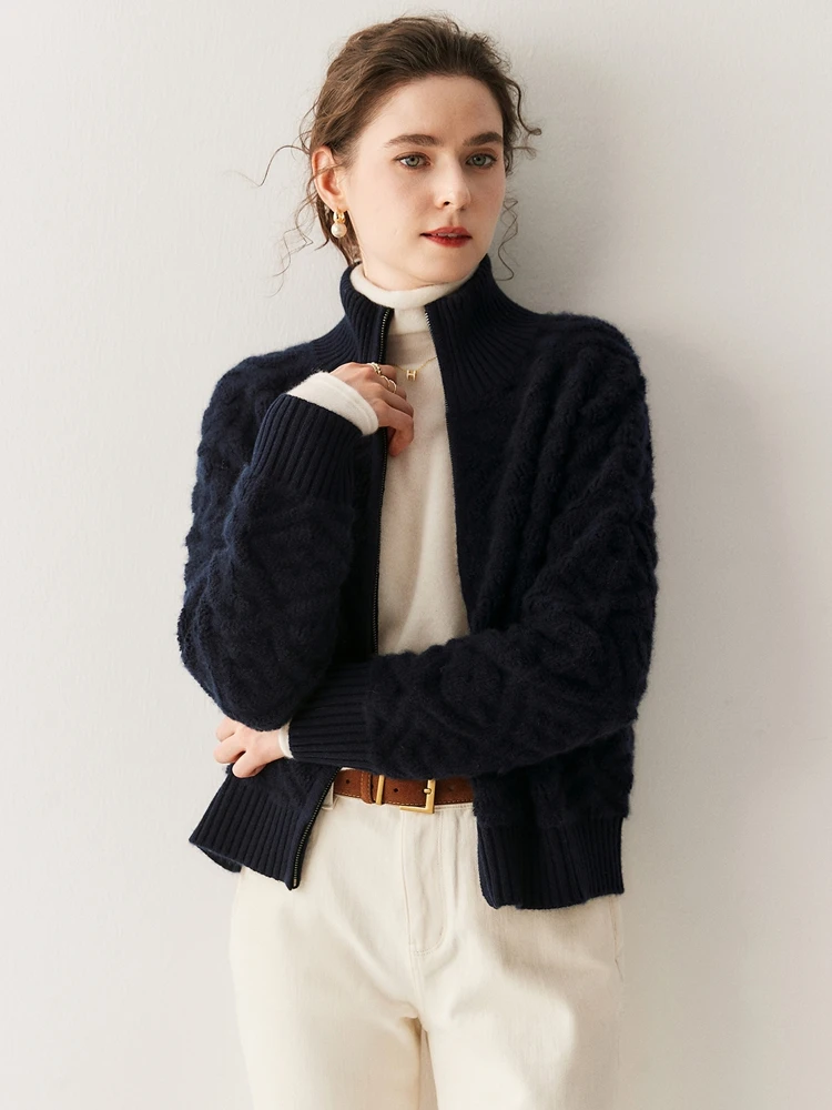 Estilo francês mesmas roupas outono inverno camisola cardigan feminino 100% camisola de caxemira alta pescoço toalha bordado casaco de malha quente