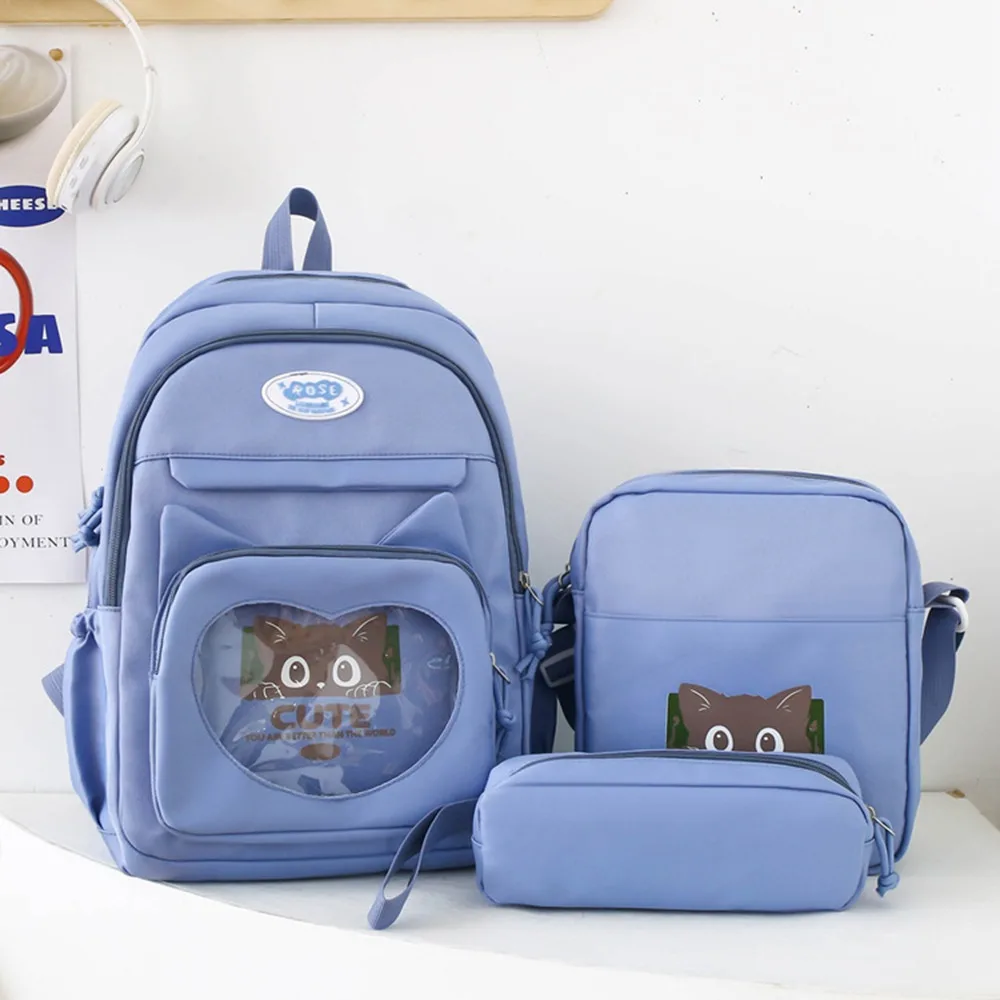 

3pcs/set Nylon Transparent School Backpack Large Capacity Waterproof Cute Cat School Bag Set Badge Display Casual