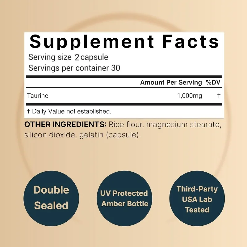 Taurine 1000mg/serving Essential Amino Acid Supplement for Liver Antioxidant Health Support, 60 Capsules