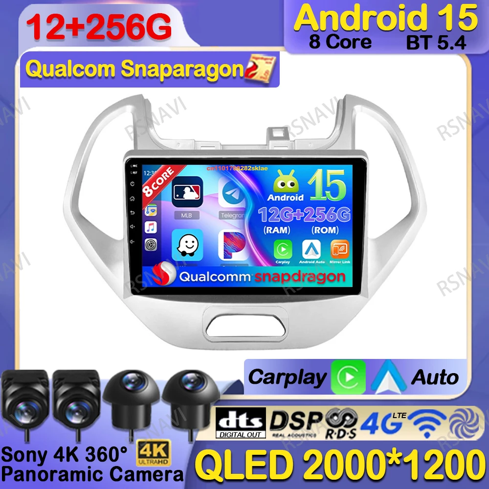 Radio de coche Android 15 para sistemas Ford FIGO KA 2015-2020 AUTO DVD RDS WIFI + 4G LTE QLED 8 núcleos reproductor Viedo inalámbrico BT 9/10 pulgadas