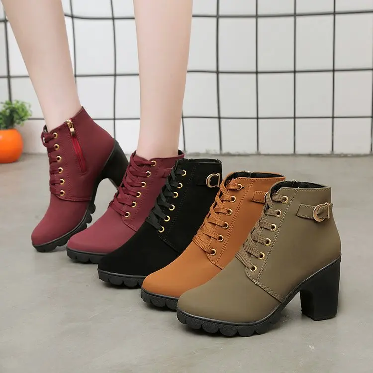 HOT Ankle Boots For Women New Elegant Square Heel Shoes Woman High Solid Vintage Lace-up Ladies Winter Platform Boots High dgt