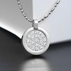 Round Stainless Steel Necklace Women Fashion Volcanic Stone Negative Ion Pendant emf Protection with Jewelry Box Healty Gifts