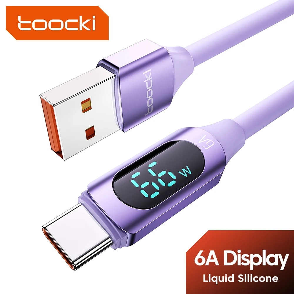 Toocki 6A LED Display Cable Type C For Huawei Xiaomi Realme Samsung 66W Fast Charging Charge USB Type-C Cable Silicone Data Cord