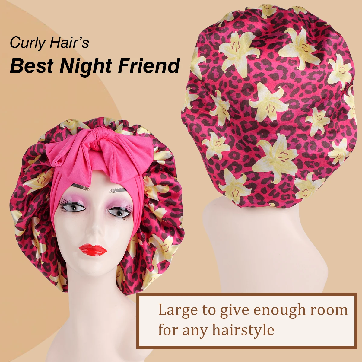 1PC Leopard Print Silky Satin Sleep Bonnet with Adjustable Tie Band for Natural Curly Hair Night Shower Hair Cover