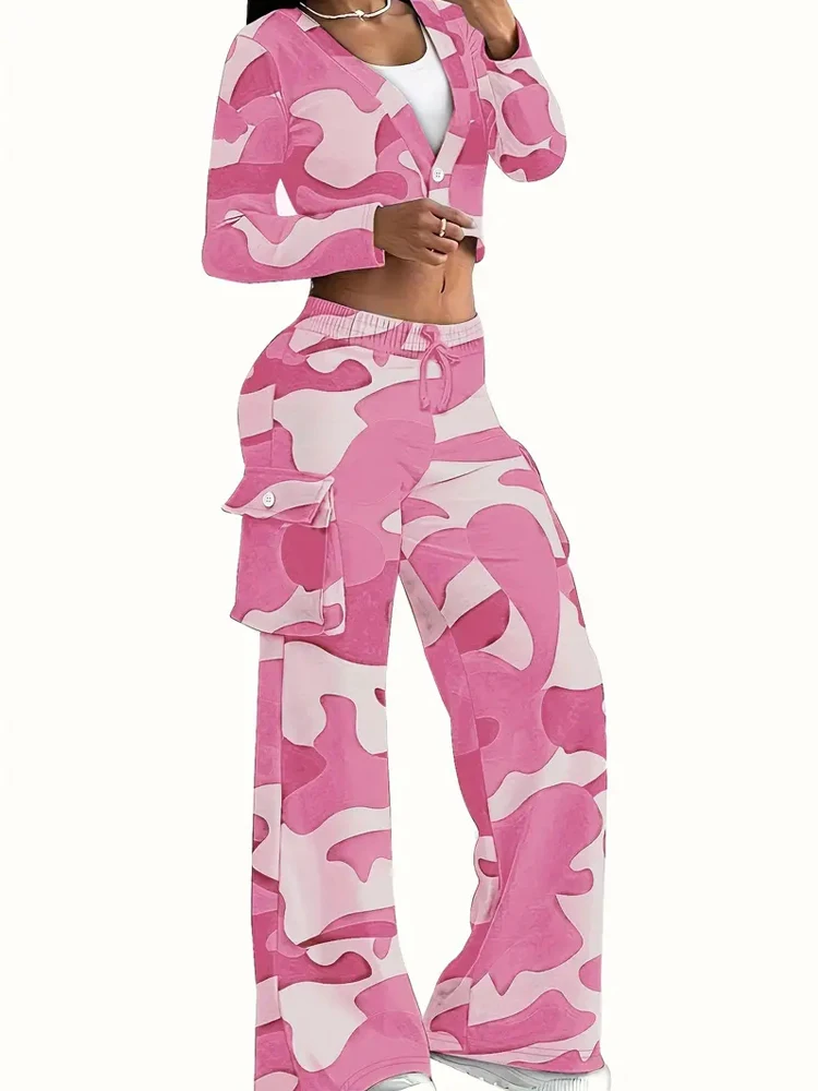 Camo Print Cargo Pants Sets Sexy Crop Tops & Elastic High Waist Wide Leg Trousers Damski dwuczęściowy zestaw Casual SweatOutfits