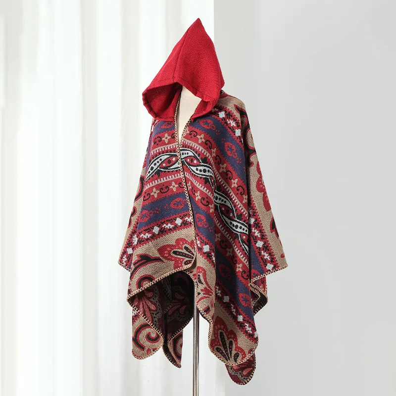 Hooded Poncho Shawl Men's and Women's Ethnic Style New Year's outfit Cape Self Driving Travel Outfit Warm Cloak Red