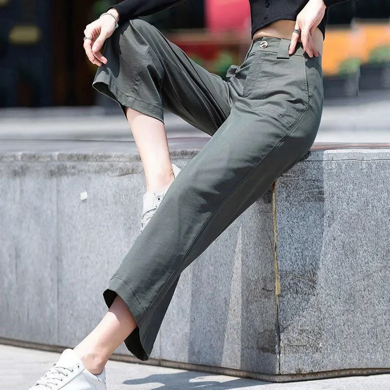 Spring Autumn Women Cotton Ankle-Length Pants Fashion Casual Wide Leg Pants Lady Korean Style Streetwear