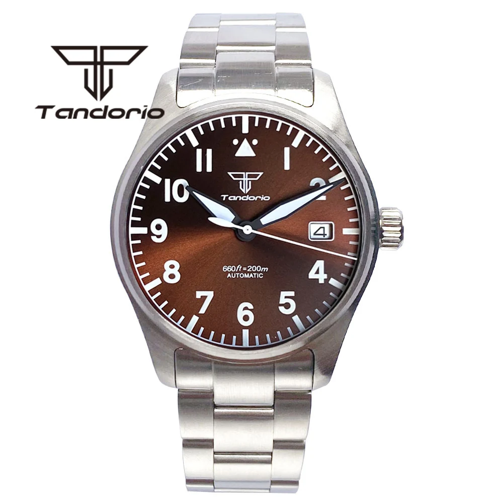 Brown Sunburst Dial Luminous 200M 39mm NH35A Automatic Dive Pilot Men Watch Steel Bracelet Sapphire Glass Screw Crown