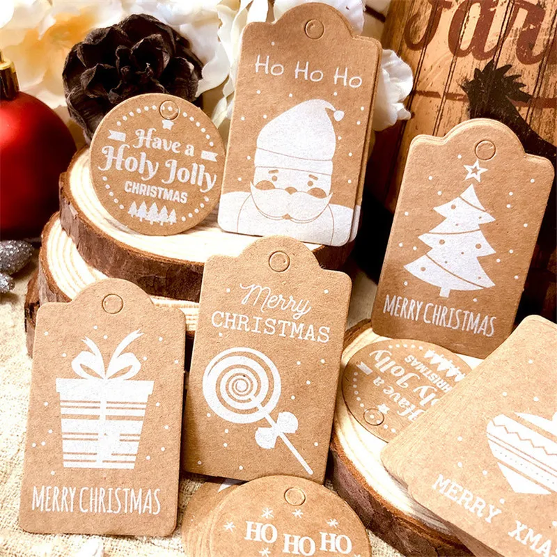 50pcs Christmas Design Kraft Paper Tag Xmas Tree Hang Label Merry Christmas New Year Gift Bags Boxes Wrapping Paper Tags Navidad