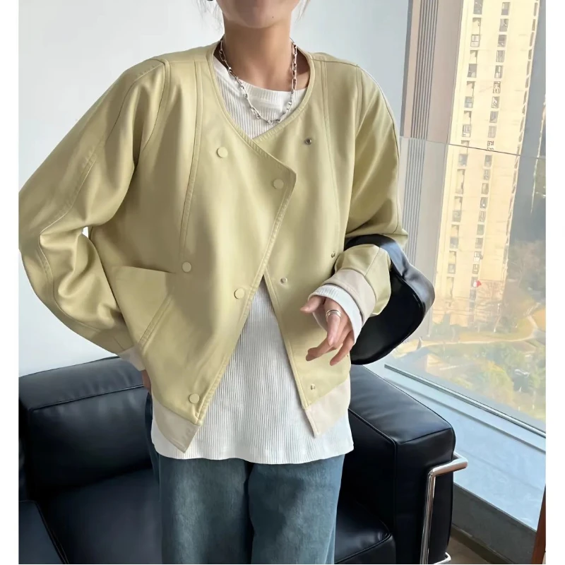 2024 Vintage Hong Kong Stil Chic Süße Würzig Kontrast Farbe Neutral Stil Leder Jacke Frauen Kurze Papa Stil Top Herbst