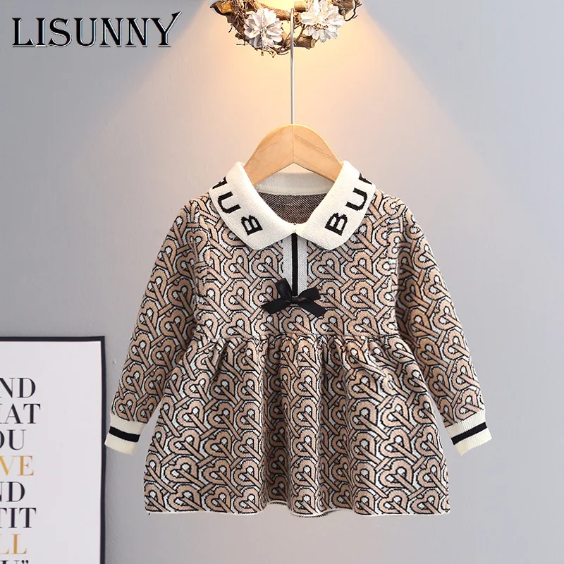 

2023 Autumn Winter Girl Sweater Dress Princess Kids Baby Sweater Children Cloth Pullover Sweet Knitted Dressrs Bow Jumper 1-5y