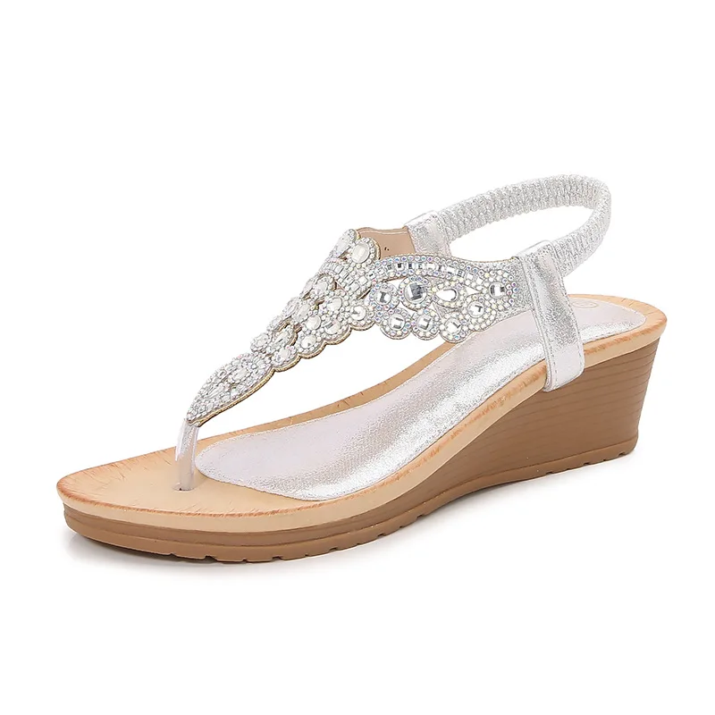 

Women Flat Rhinestone Sandals Bohemian Sandals Summer New Non Slip BeachElastic Low Heels Roman Sandals Sandalias Mujer
