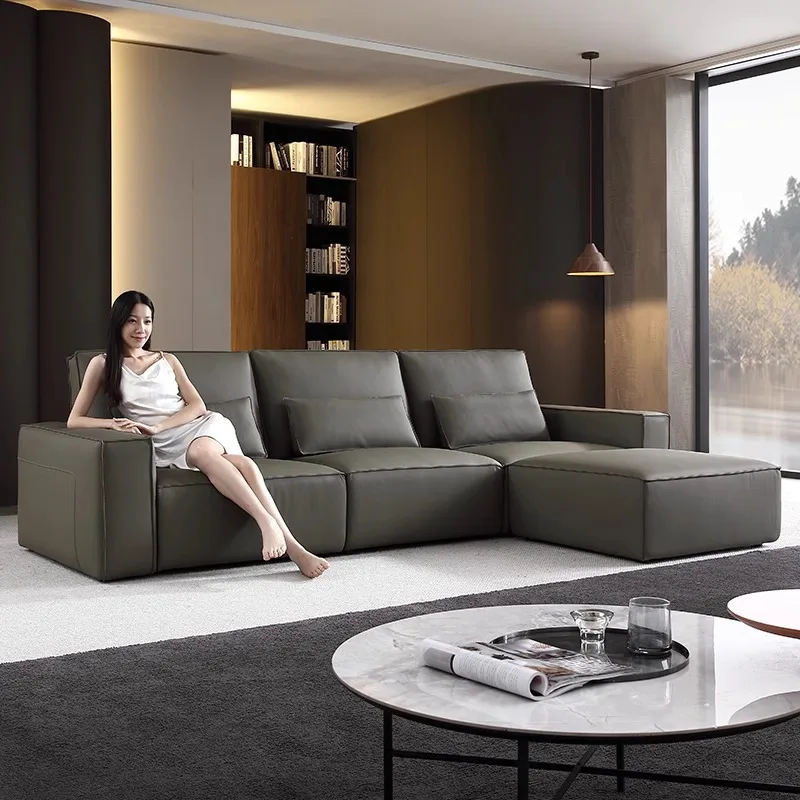 Tofu Block Sofa High Backrest Leather Modern Simple Leather Art Straight Row Living Room First Layer Cowhide Italian Minimalist