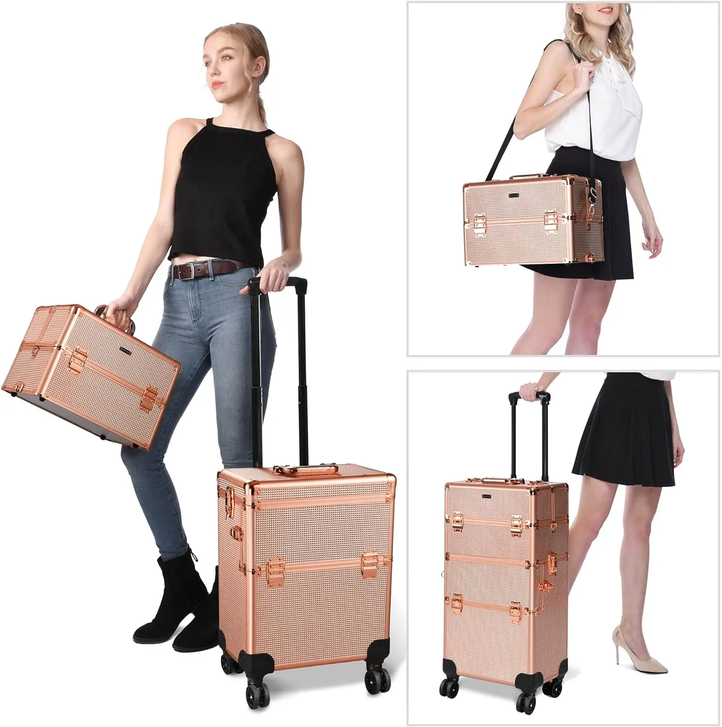 Trolley with Storage box Lockable Aluminum Makeup Travel Case for Travel Salon Trolley Cosmetics Hairdressing (Rose Gold)