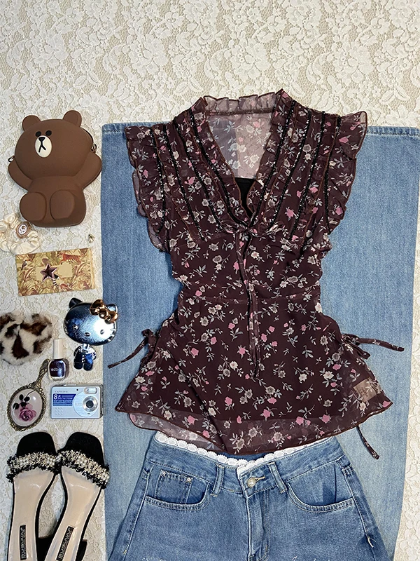 

Vintage Brown Floral Print Chiffon irt Women's Summer irt Vintage Sle Floral Chiffon Top Women's Faion Summer irt