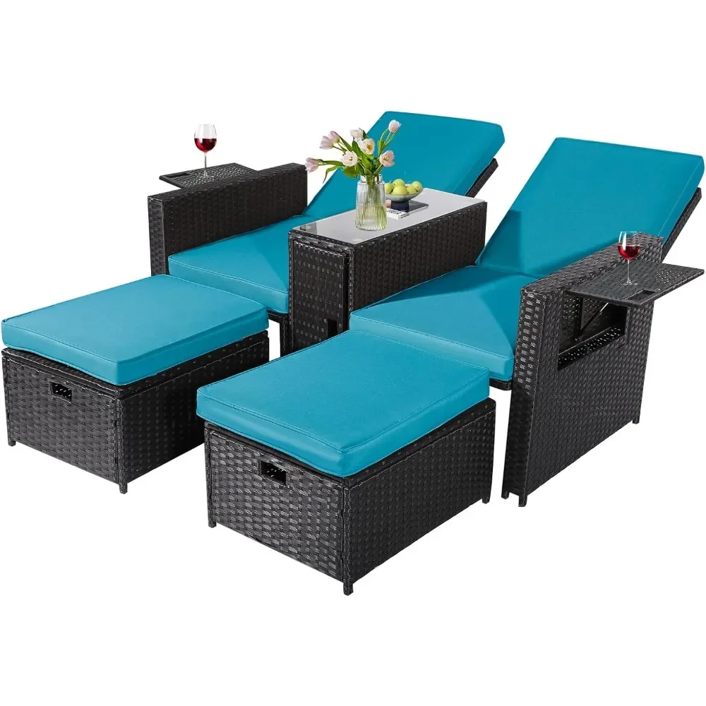 

5PCS Outdoor Wicker Chaise Lounge Chair - Rattan Adjustable Reclining Patio Lounge Chair With Ottoman and Coffee Table Picnic