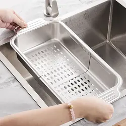 Stainless Steel Drain Basket Retractable Sink Strainer Basket Food Grade Heat Resist Colander for Sinks Smaller Than 17.3inch