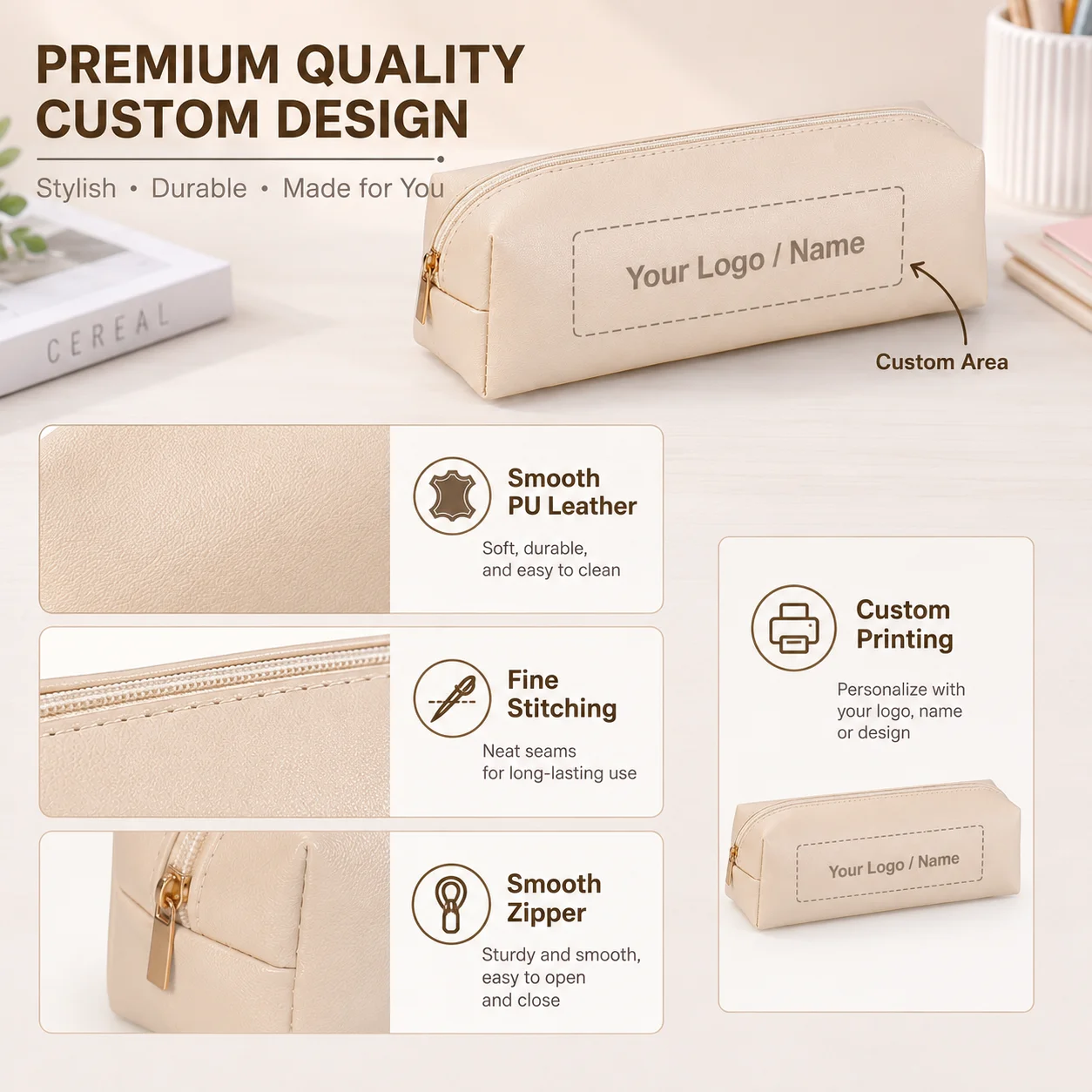 Custom PU Leather Pencil Case Large Capacity, Smooth Zipper Stationery Organizer Pouch Custom Logo Name for Office School view 5