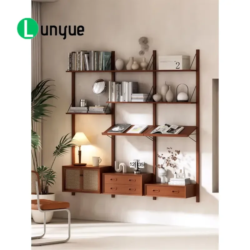 Retro Wall Mounted Storage Rack Solid Wood Track Shelf Multi Functional Magazine Holder for Living Room Study Home Decor