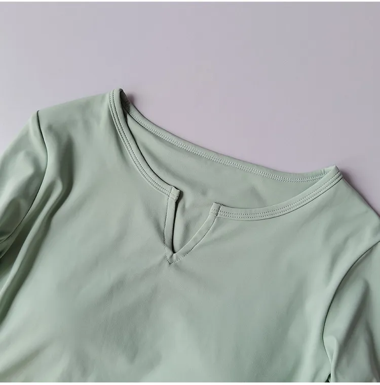 Damen V-Ausschnitt Eng Anliegendes Sexy Yoga-Oberteil Schnelltrocknend Schlankmachendes Fitness-Lauf-T-Shirt Lässiges Sport-Langarm-Mode-Top – Detail 13