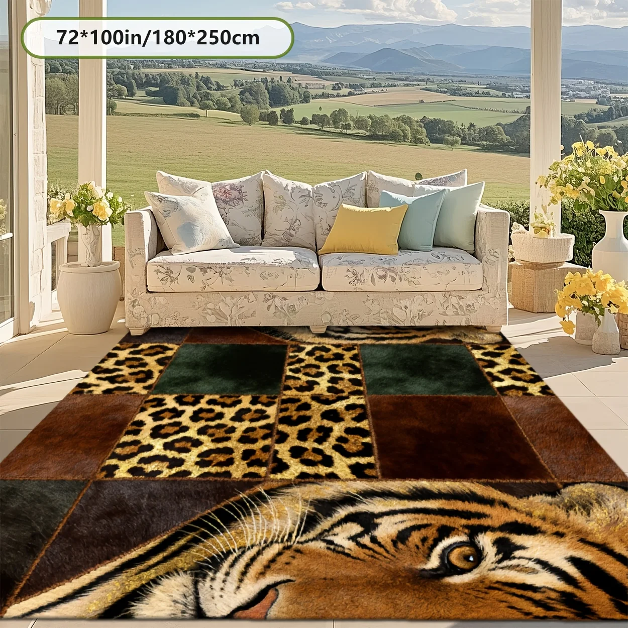 Rectangular Outdoor Faux Cashmere Decor Rug, Tiger‑Stripe Spliced Texture & Leopard Print Design, Multi‑Scene Floor Mat