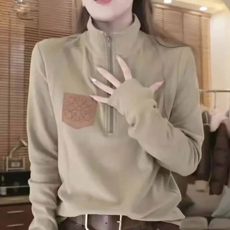

Female Autumn And Winter New De Rong Versatile Stand-up Collar T-shirt Base Tops Women Maillard Half Zipper Hoodie Tops