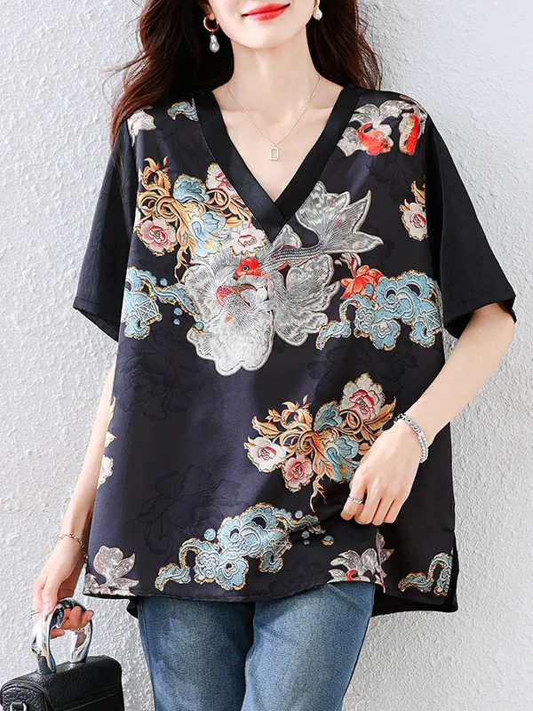 

Retro Silk Screen Printed ort Sve T-irt for Women Casual Loose Fit round Neline Regular Length Summer Faion