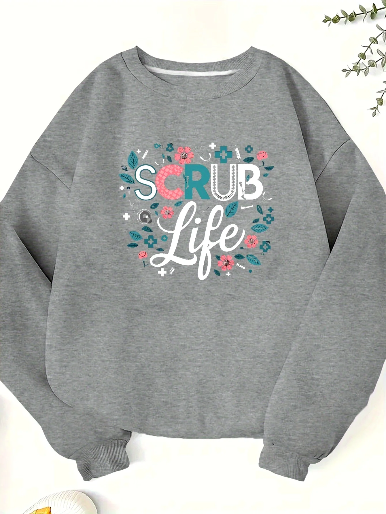 1Pc Scrub Life Print Casual Women Sweatshirt, Polyester Mesh Fabric, Geometric Pattern Design