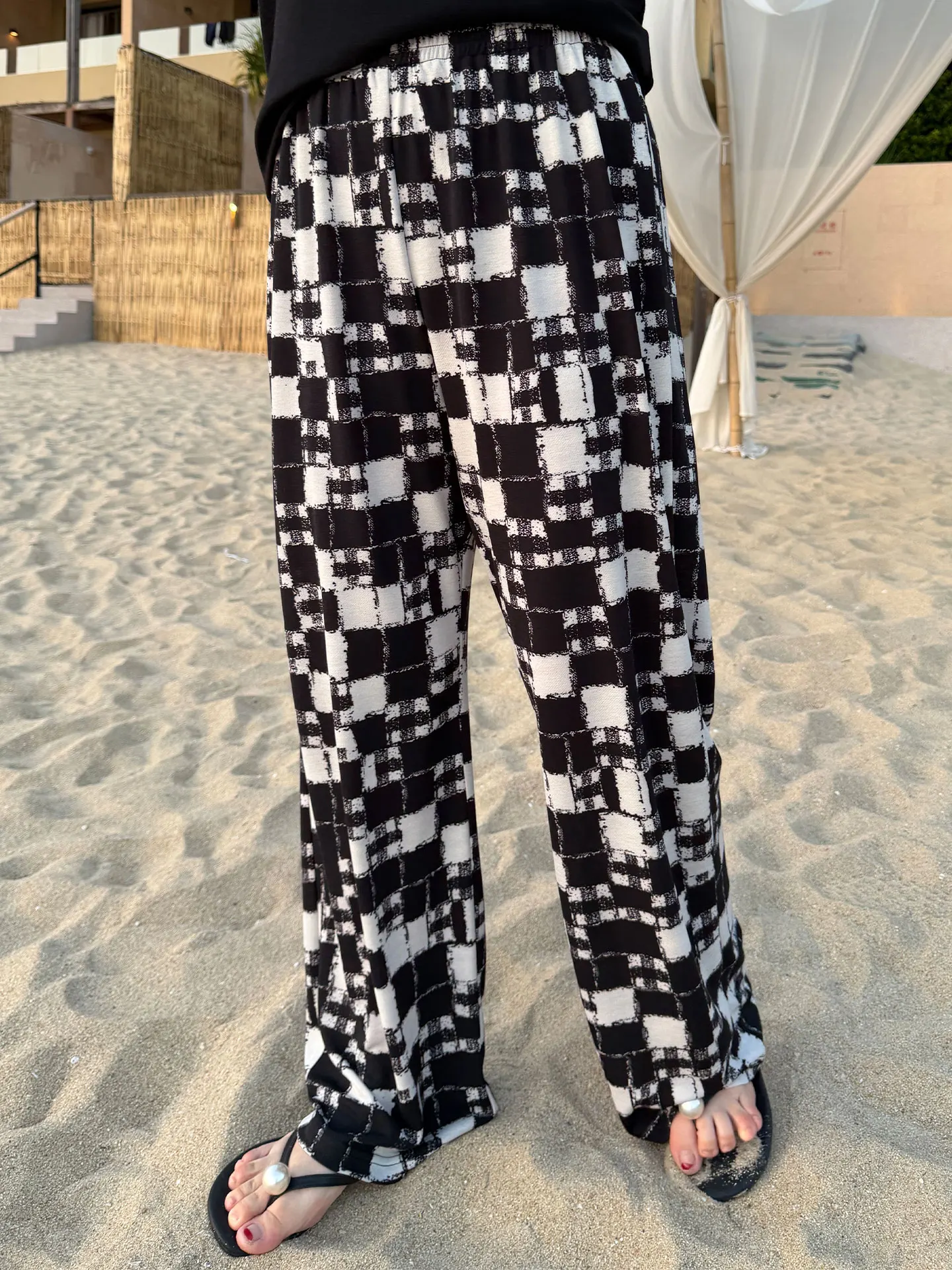 

plus Size Women's Bla White Plaid Ice Silk Loose Straight Leg Pants Summer New Casual Sle Polyester Fiber Wide Leg Trousers