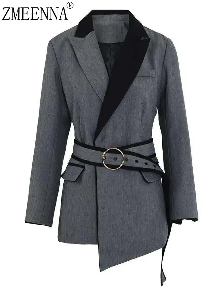 

ZMEENNA New Women's Elegant Belted Blazer Stylish Grey Jacket With Statement Buckle Fashionable Outerwear ZM1012