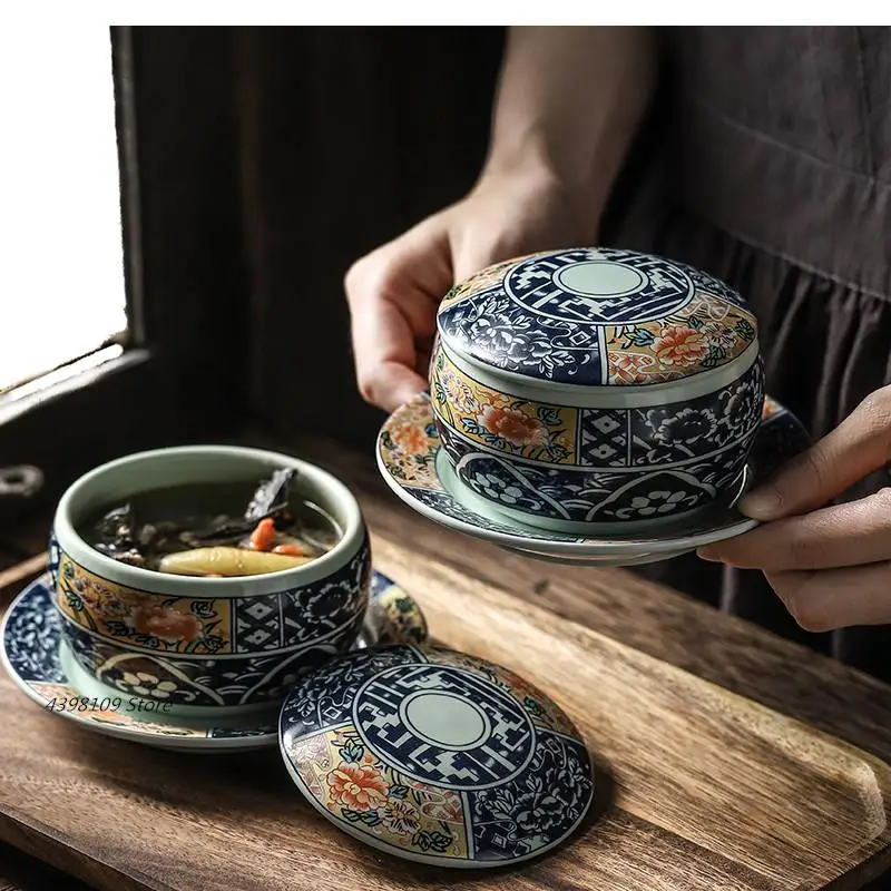 

kitchen with lid bowl Japanese tableware ceramic hand-painted blue-and-white porcelain soup steamed egg