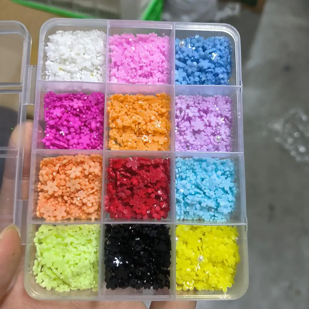 12Colors 3D Five-Petal Flower Nail Art Charms with Gold Silver Caviar Beads Pearl Floral Nails Decoration DIY Manicure Accessory