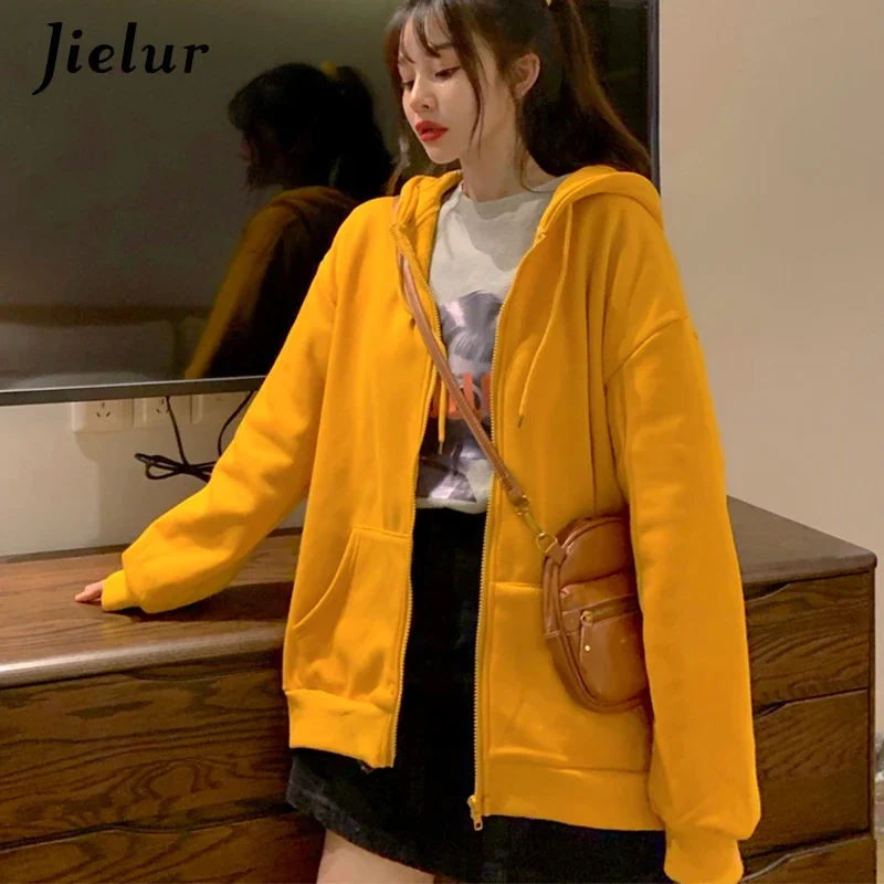 Jielur Autumn Loose Hooded Female Sweatshirt Blue Yellow Fashion Zipper Zip-up Cool Tracksuit Korean Women Hoodies Pullover M-XL