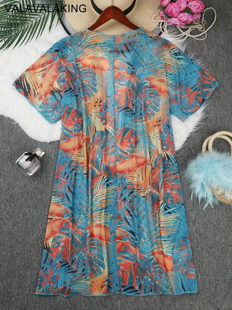 2025 Print Women Mesh Plus Size Bikini Cove Up Short Sleeve Large Swimsuit Tunic Lady Chubby Dress Brazilian Beach Cover-Ups