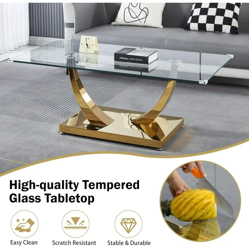 47" Clear Glass Coffee Table, Modern Gold Mirror Coffee Table with U-Shape Stainless Steel Legs, Tea Table