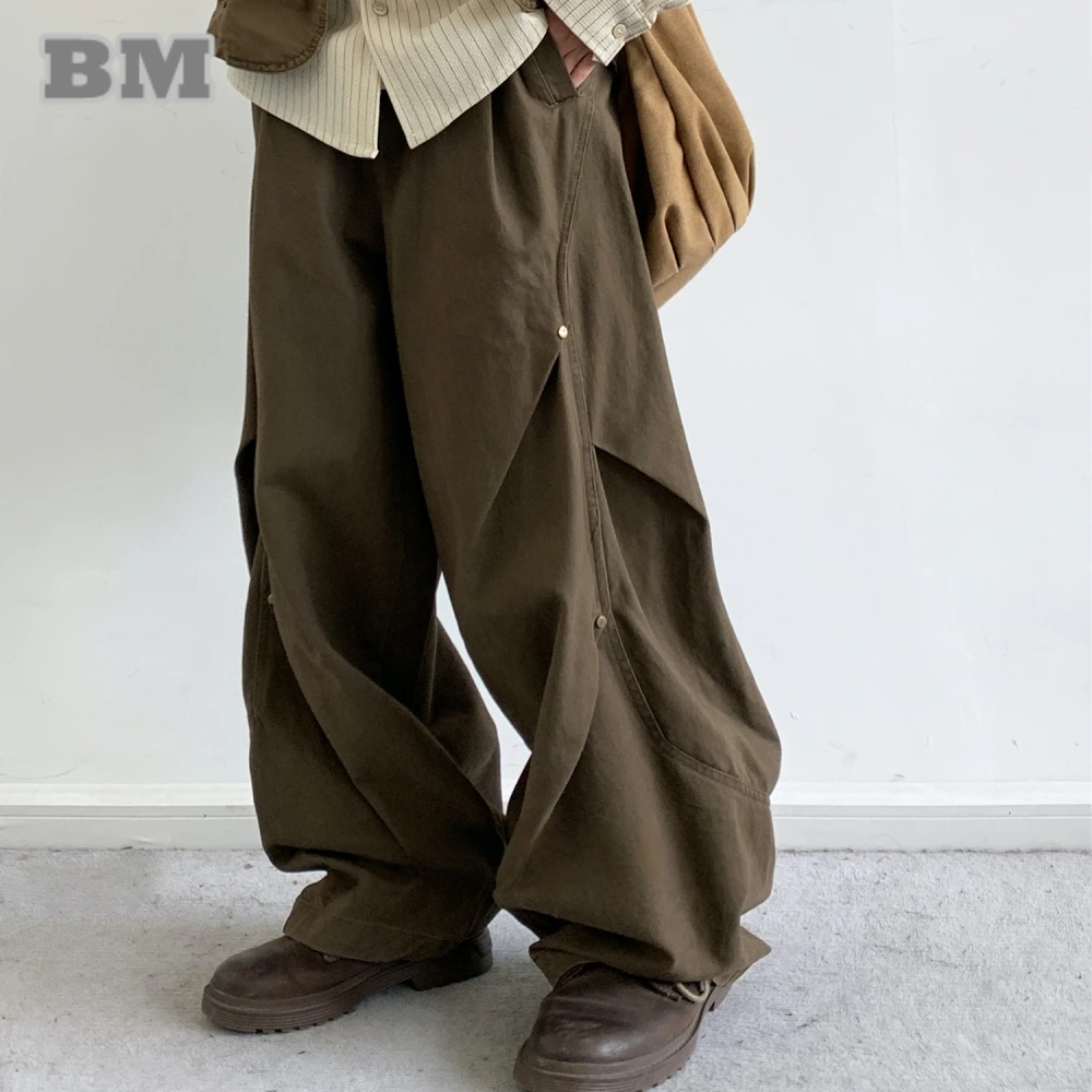 

Мужская американская уличная одежда, винтажные широкие брюки с шипами, 100% хлопок, корейские повседневные брюки большого размера, универсальные модные брюки с изогнутым подолом
