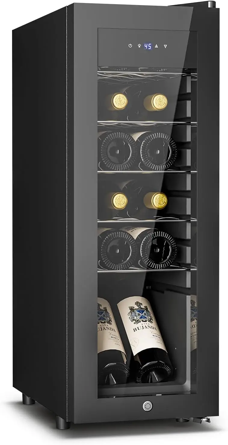 

12 Bottle Wine Cooler Refrigerator - Small Wine Fridge for Red, White, Champagne, Freestanding Wine Cellar with Glass Door & Dig