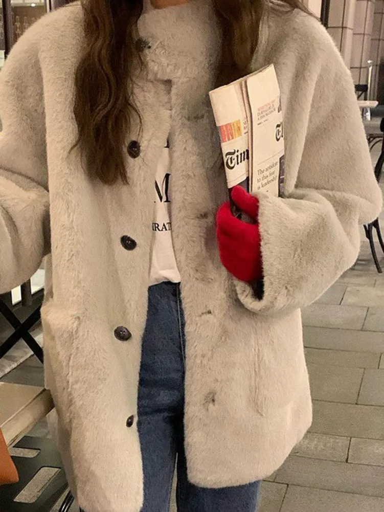 Gray Winter Furry Jackets Women Coats Soft Cozy Big Pockets Baggy Autumn and Winter Faux Fur Mink Coat Winter Warm Coat
