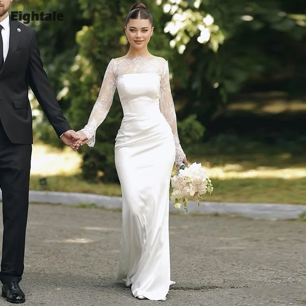 

Eightale Boho Wedding Dresses Strapless Lace Long Sleeves Satin Customized Mermaid Bridal Gowns vestidos de novia