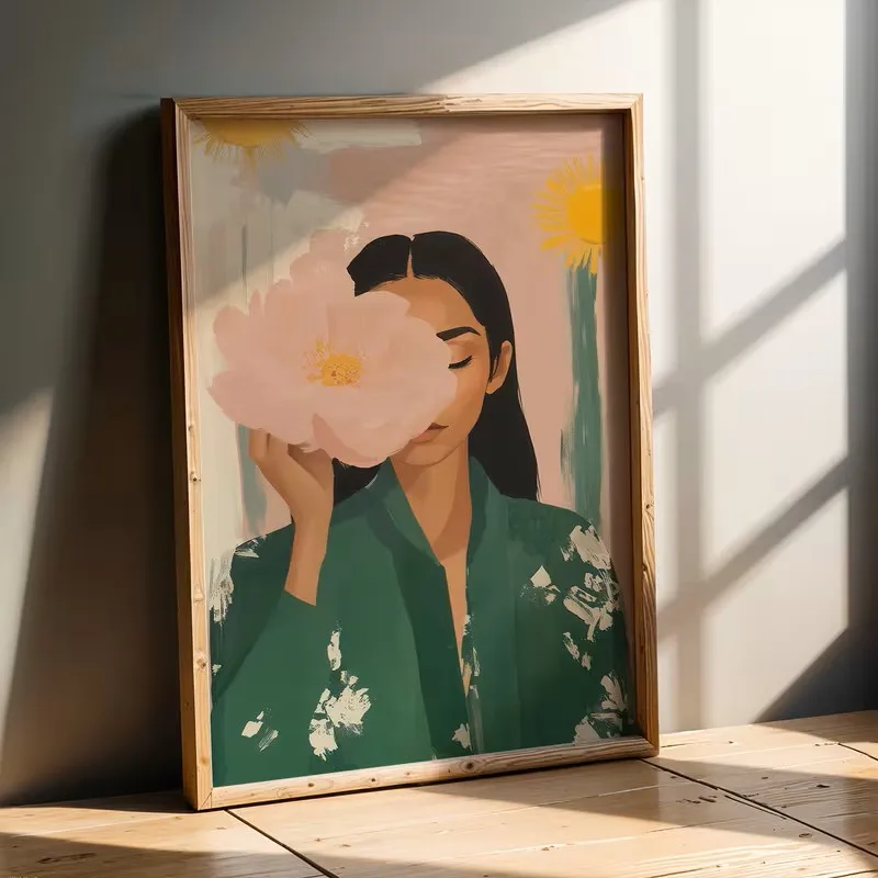 Retro Female Portrait Wall Painting, Green Pink Plant and Flower Canvas Poster, Modern Female Image Art Home Decoration Print.