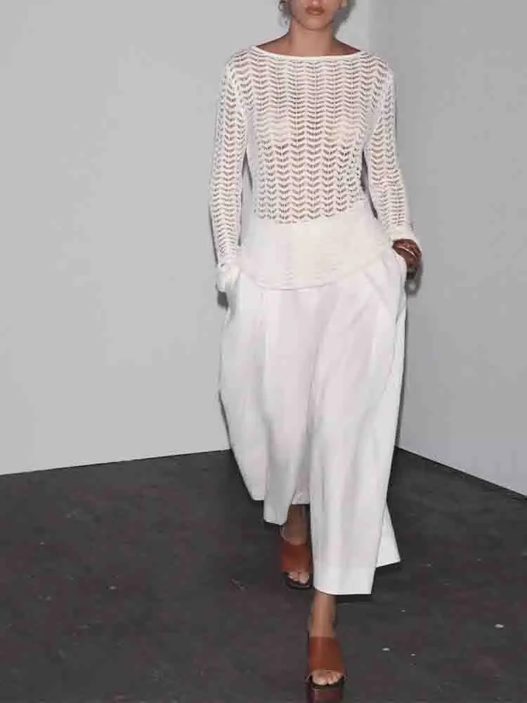 

Новый женский модный универсальный темпераментный однотонный полый свитер свободной текстуры с длинными рукавами в европейском стиле