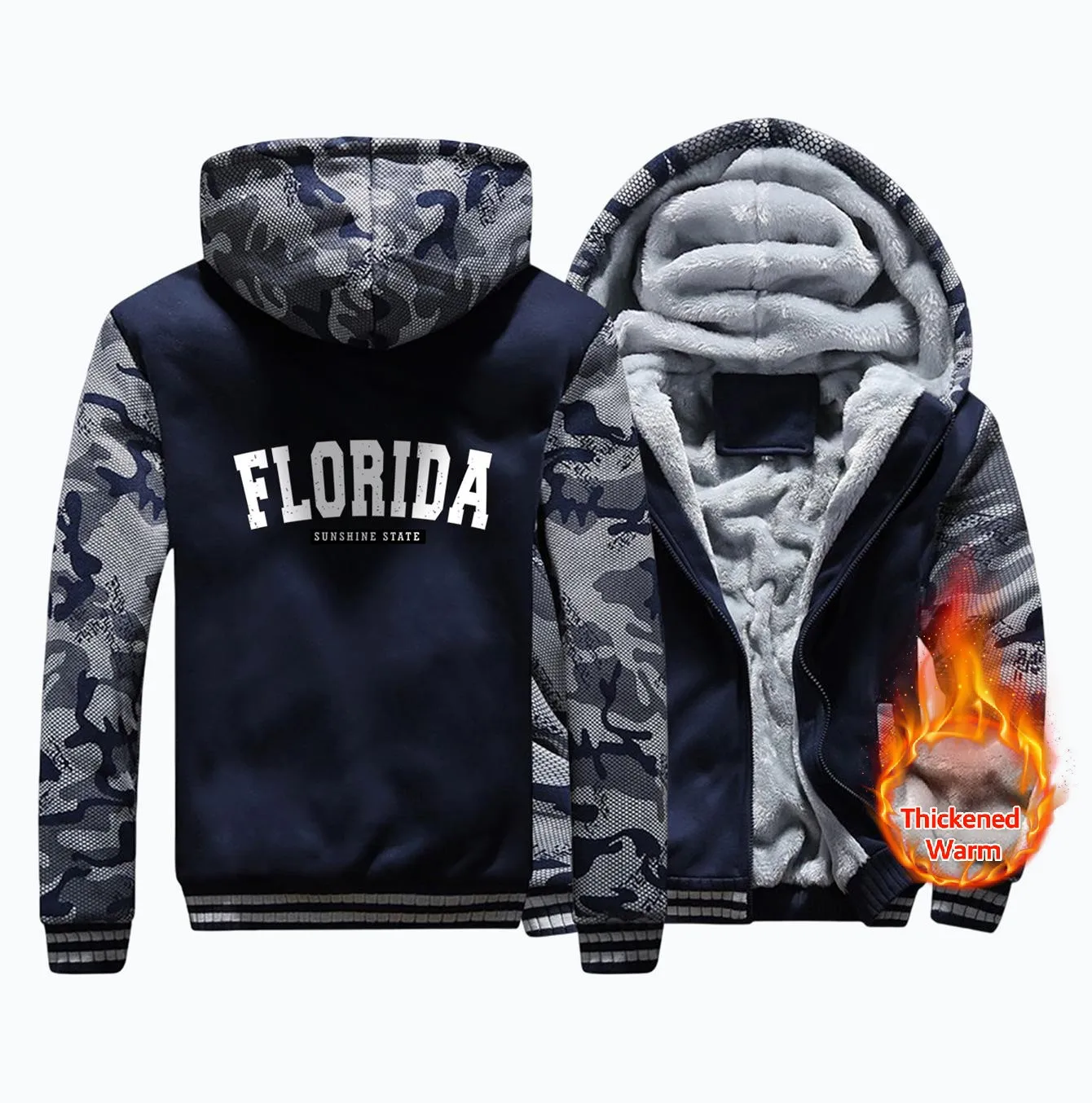 Florida Artistic Fonts Mens Hoody Keep Warm ﻿zipper Korean Fleece Sweatshirt Simple Crewneck Hooded Oversize Winter Clothes