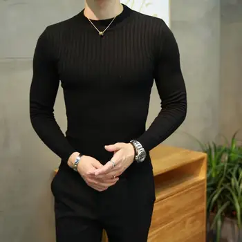 Novo outono inverno masculino moda coreana meia gola alta com nervuras camisola de malha masculina sólida manga longa fino ajuste básico pulôver topos