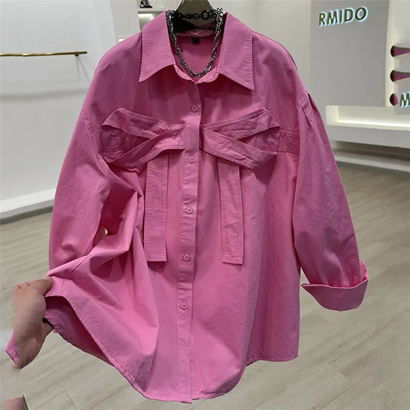 Camisas de gravata borboleta de cor pura feminina, blusa feminina rosa, tops casuais soltos, camisa de tamanho grande, nova moda, primavera e outono, 2024