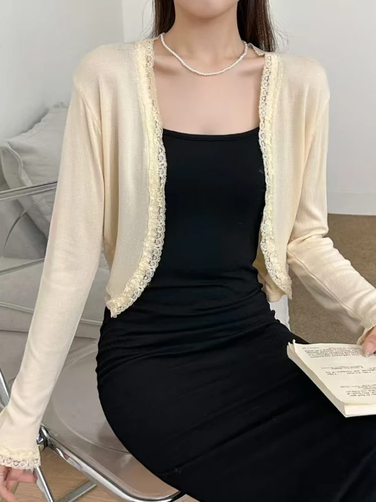 

Zjaiss 2026 Весна-Лето Новинка: Тонкий кардиган с кружевной отделкой, вязаный, с защитой от солнца, из ледяного шелка, короткий, женский, в стиле шаль-пальто